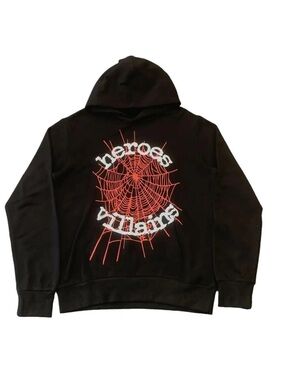 Black Hoodie with Red Spiderweb Graphic and White Raised Text